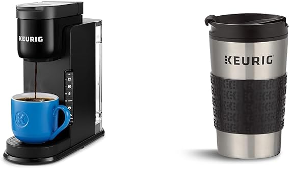 Keurig K-Express Coffee Maker, Single Serve K-Cup Pod Coffee Brewer, Black, 12.8 L x 5.1 W x 12.6 H & Travel Mug Fits K-Cup Pod Coffee Maker, 1 Count (Pack of 1), Stainless Steel