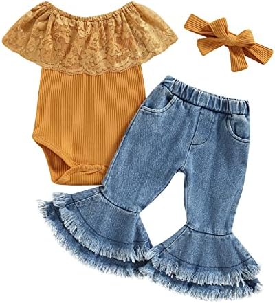 Infant Baby Girls Long Sleeve Lace Solid Romper Flare Denim Jeans Pants Headband Newborn Cute 3Pcs Fall Outfits