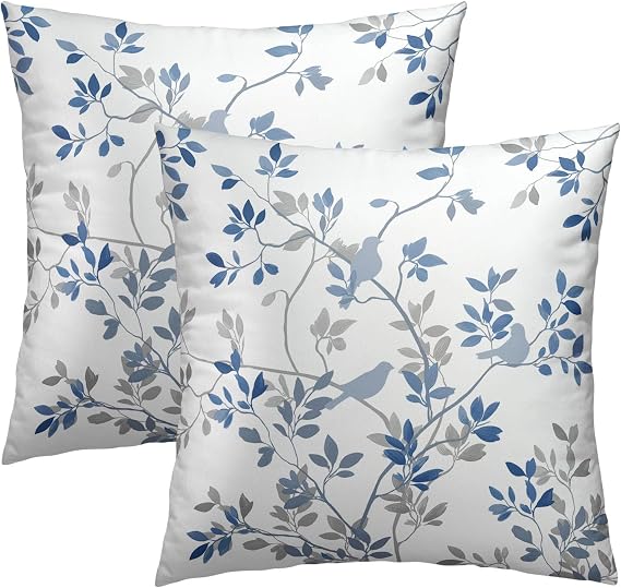 Sweetshow Blue Grey Leaf Branch Jacquard Throw Pillow Covers 18x18 Inch Set of 2 Bird and Leaf Decorative Pillowcase Square Cushion Covers for Home Couch Sofa Patio Bedroom