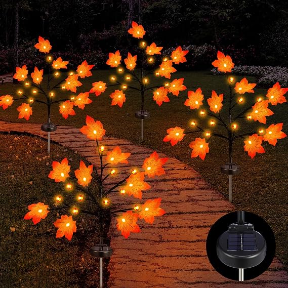 Rossesay 4 Pack Outdoor Fall Solar Lights Decorations Maple Leaf Pumpkins