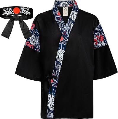 Japanese Sushi Restaurant Chef Coat Uniforms, 34 Sleeve Kimono Floral Workwear Jacket with Dragon Black Headband