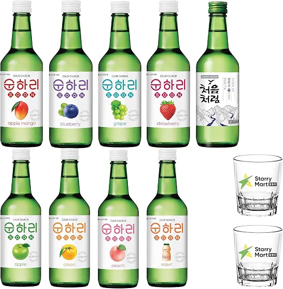 Lotte Chum Churum Soju 12-18% Alc./Vol 360ml - Pack of 6 (Random Flavours + 2 Soju Glasses)