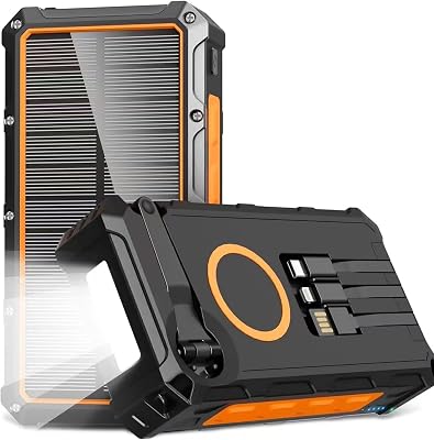 MQOUNY Solar Charger Power Bank,36000mAh Built in Hand Crank and 3 Cables 15W Fast Wireless Charger,Portable Power Bank 6 Outputs & 4 Inputs Solar Portable Charger,Flashlights, Compass, PN-B10