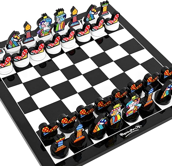 BRITTO 16.75-Inch Luxury Chess Set - Enamel Painted Resin Pieces on Wooden Board, Designed by Iconic Artist Romero Britto